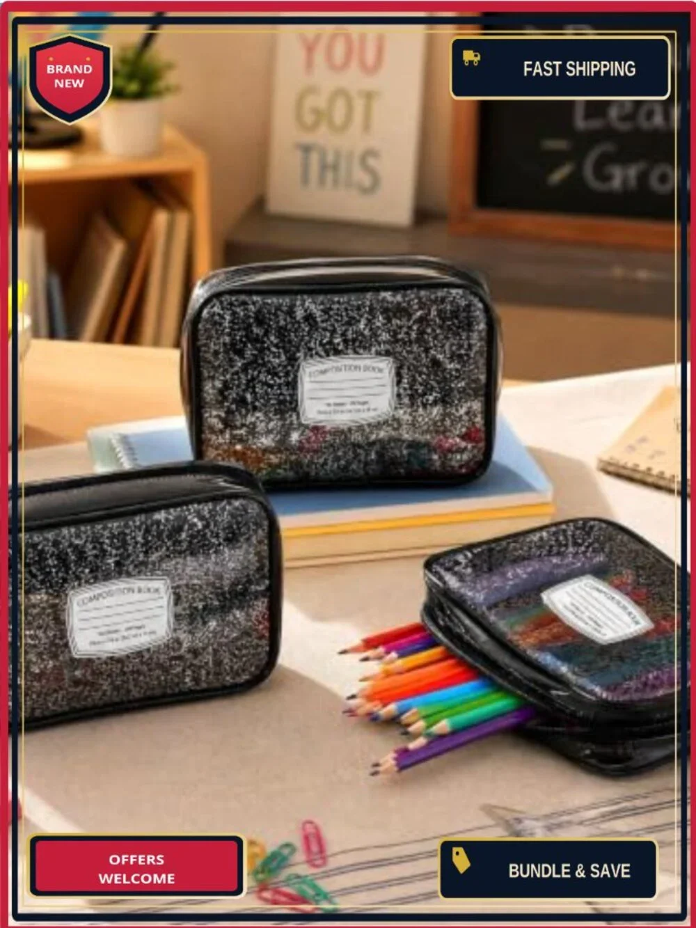 12 Pack Clear PVC Waterproof Cosmetic Bags, Composition Book Zipper Pouches,